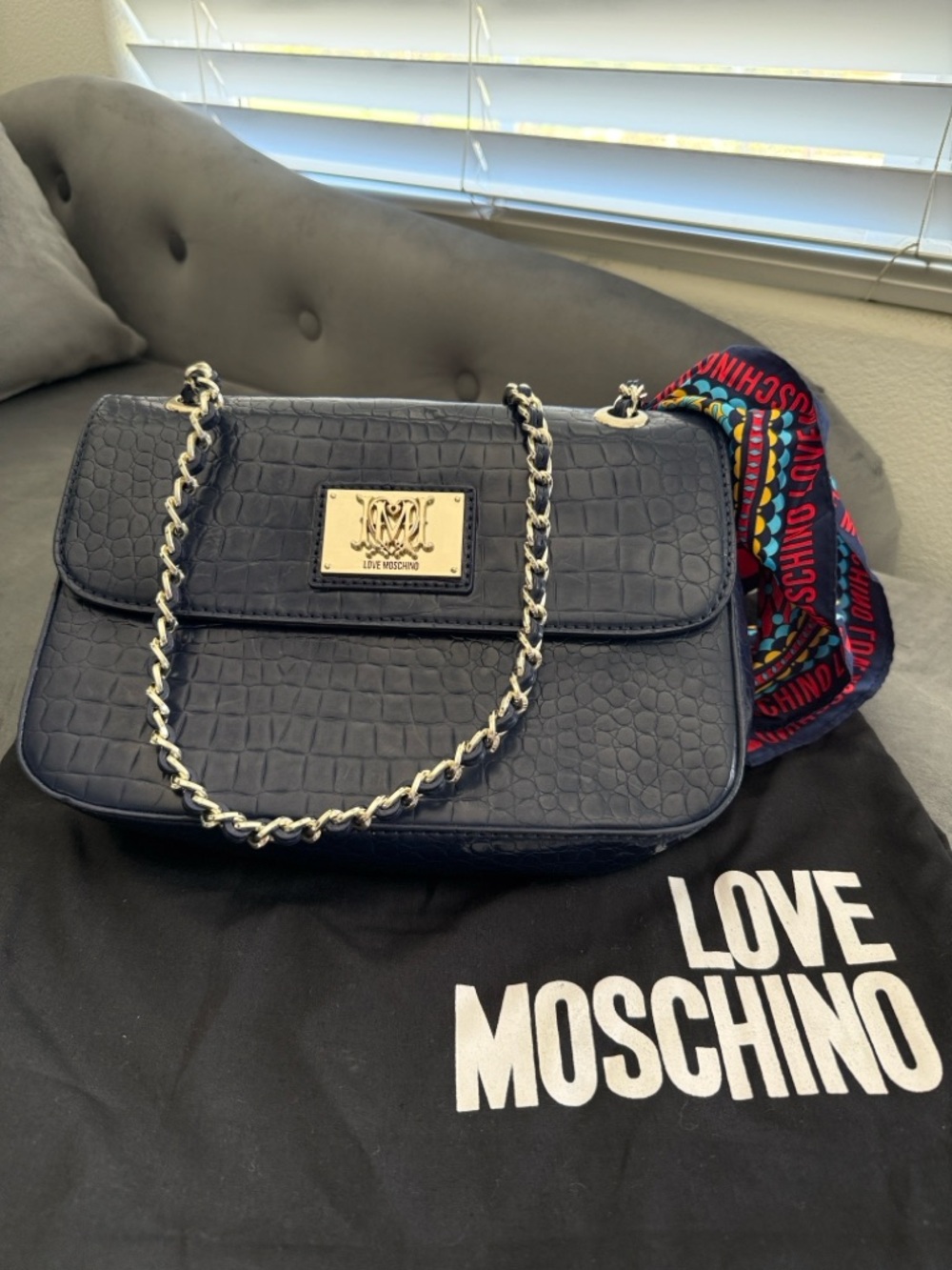 Love Moschino Love Me Navy Croc Embossed Chain Shoulder Bag w/ Scarf + Dust Bag